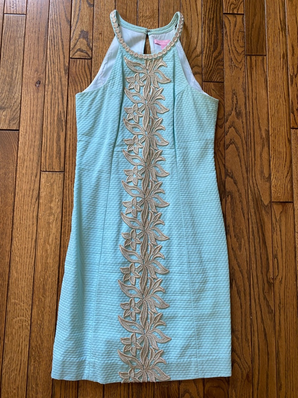 Lilly Pulitzer Aqua Midi Dress with Gold Floral Appliqué